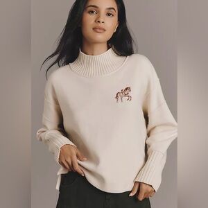 Anthropologie Cream Turtleneck Sweater with Embroidered Horse